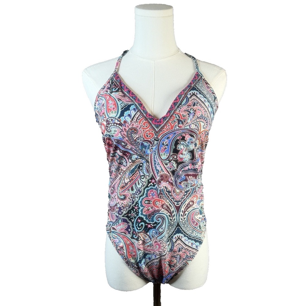 La Blanca Women's Sz 10 Swimsuit Halter Colorful Paisley One Piece Beach Resort